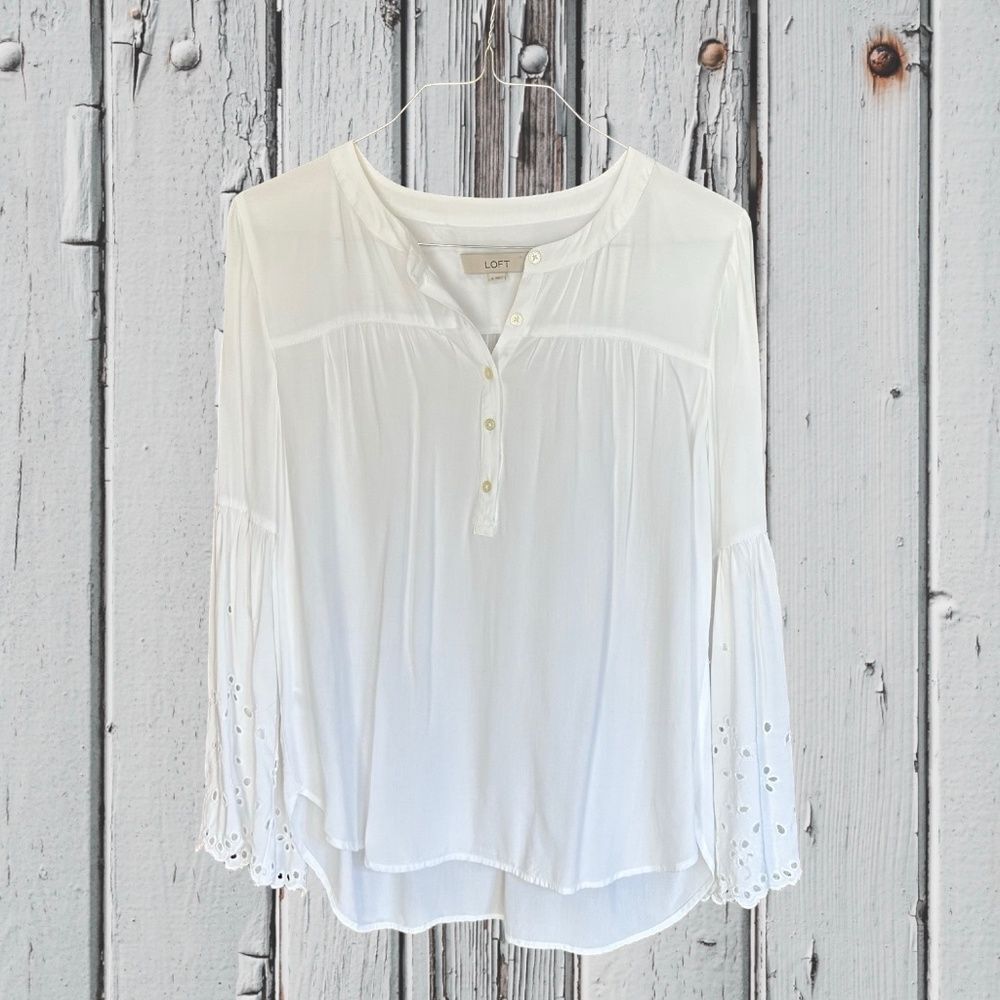 LOFT Flowy White Blouse - Tunic Bell-Eyelet Sleeve Size Small